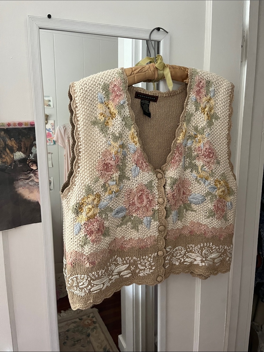Vintage Cream Pastel Floral Knit Granny Vest